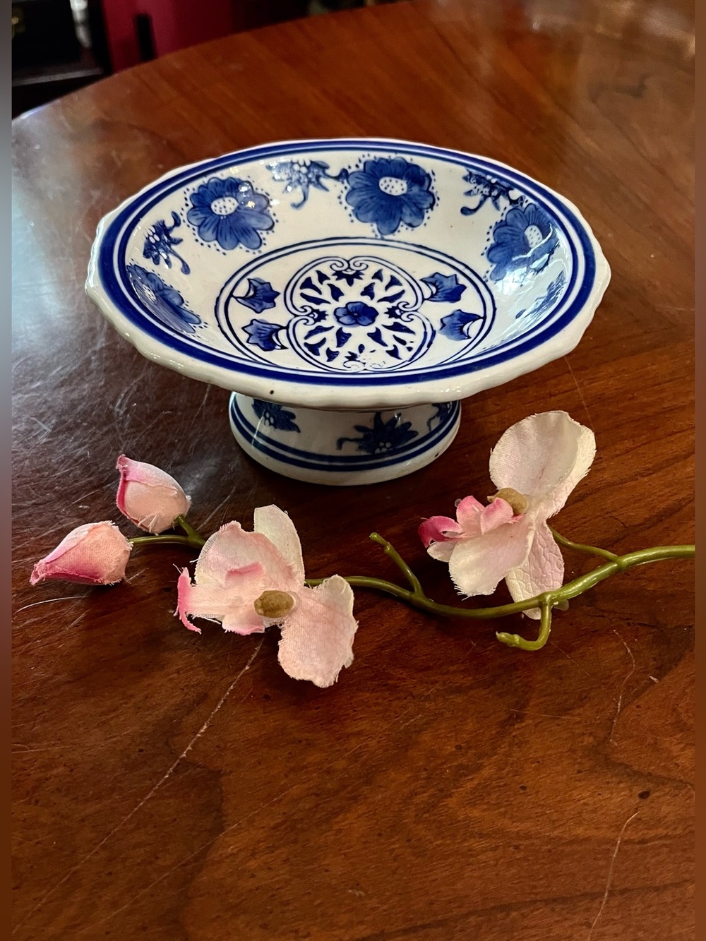 VTG Japanese Arita Ware Blue White Pedestal Bowl Signed Qianmao Kiln Tazza